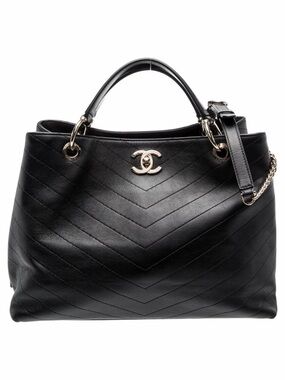 CHANEL Black Chevron Quilted Leather Shoulder Tote with CC Logo